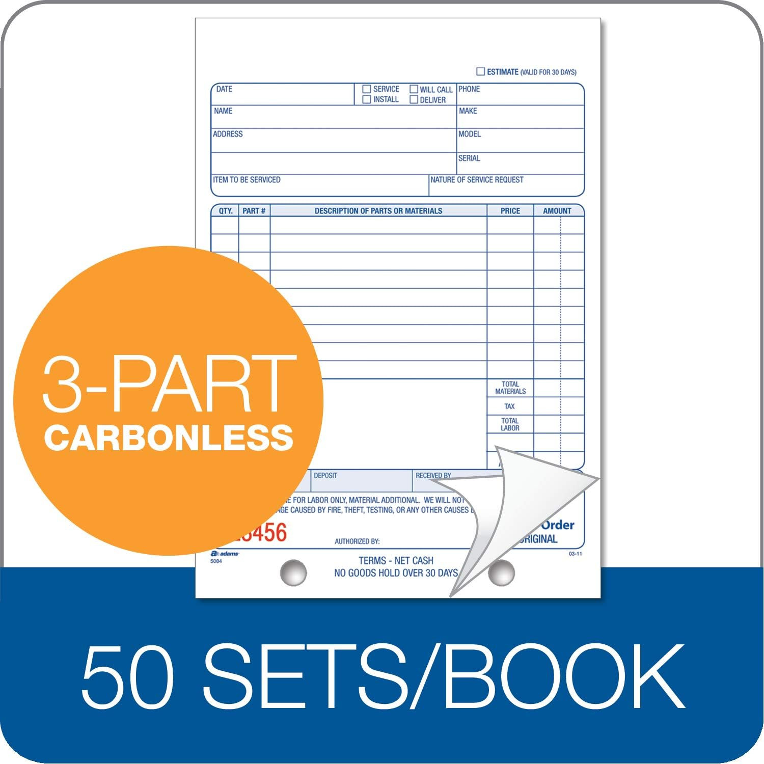 Repair Order Book, 3-Part Carbonless, White/White/White, 5-9/16 X 8