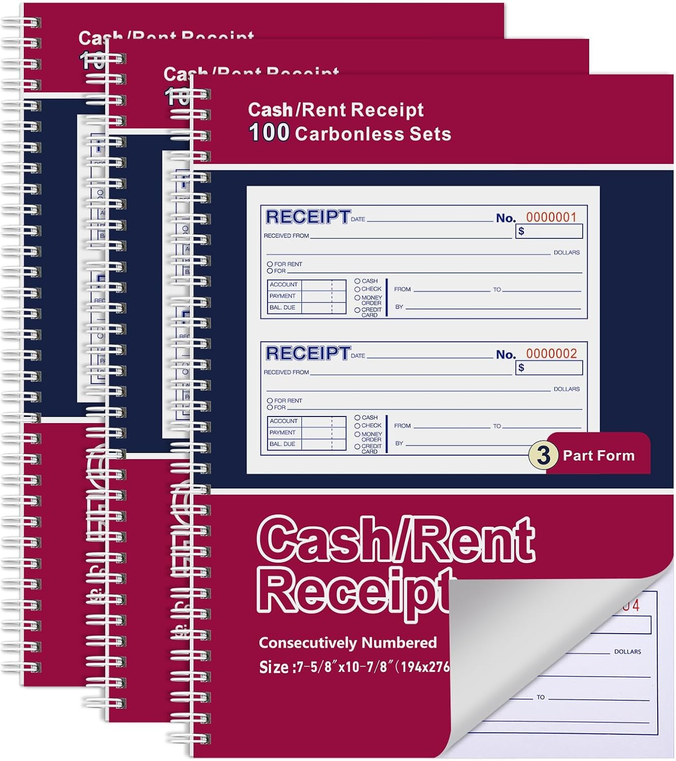 3 Pack Receipt Books,7-5/8″ X 10-7/8″ Receipt Book with Carbon Copies Spiral Bou
