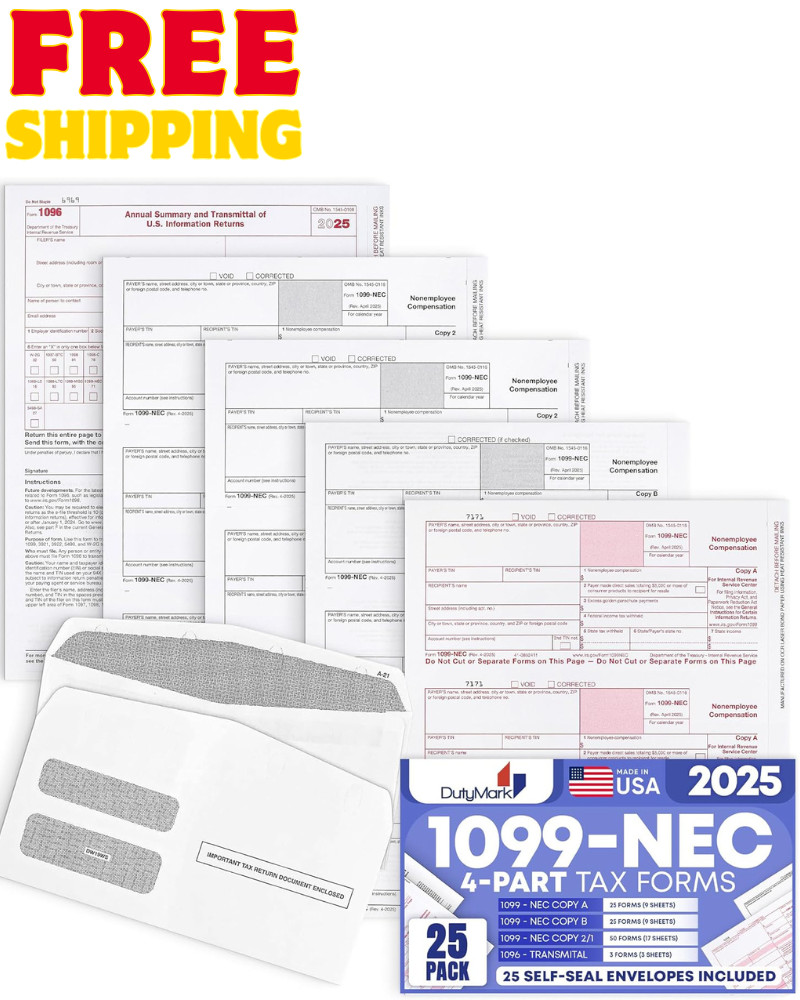 1099 NEC Forms 2025 for 25 Recipients 4 Part Laser Tax Forms Kit, 3 1096 Forms,