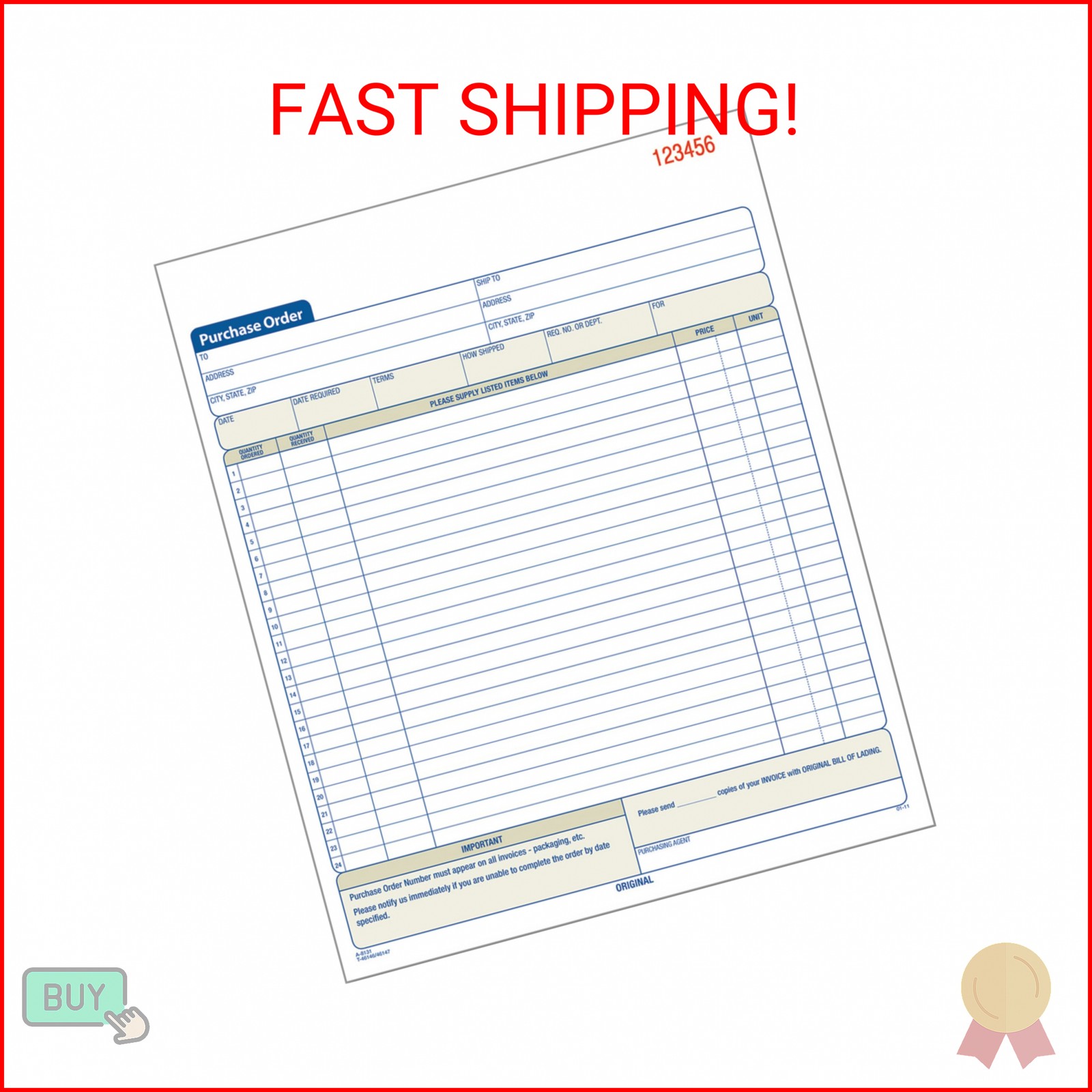 Adams Purchase Order Book, Carbonless, White/Canary, 2-Part, 8-3/8 x 10-11/16 In