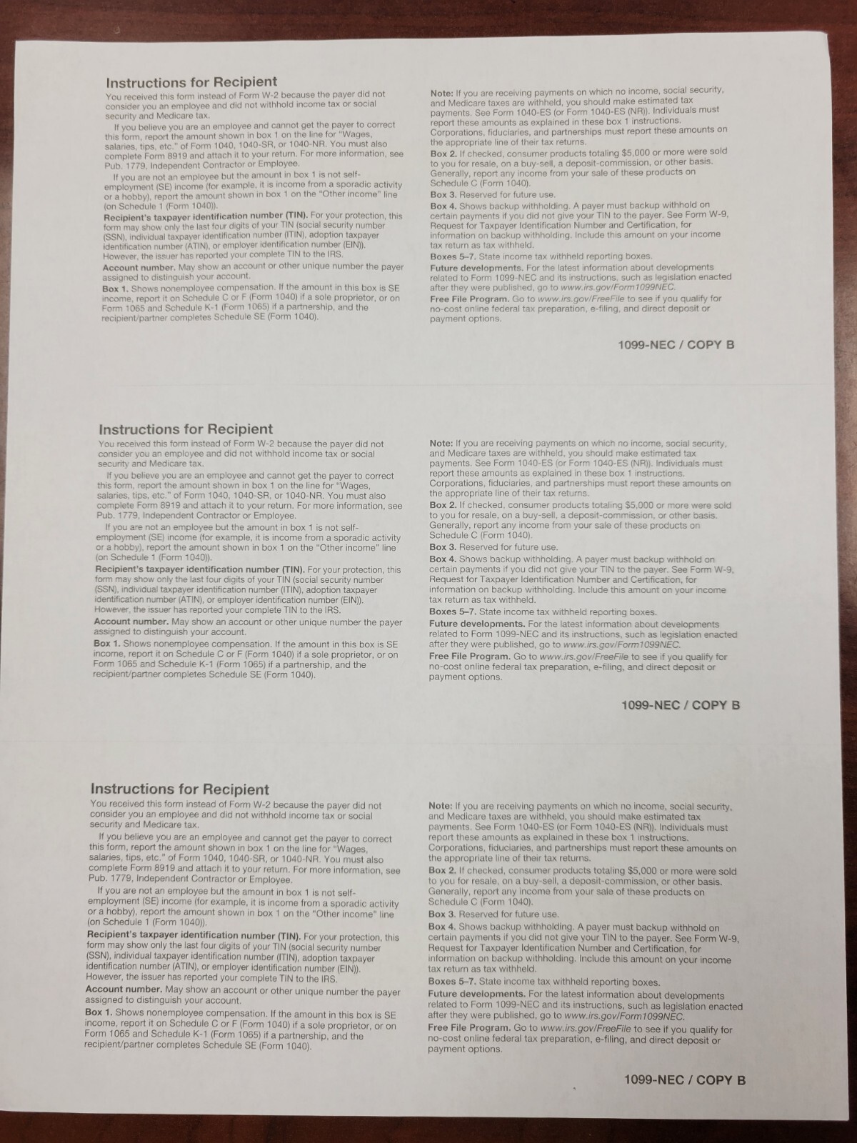 2022 Tax Form 1099 NEC Blank 3UP With Backer LASER – 15 Recipients