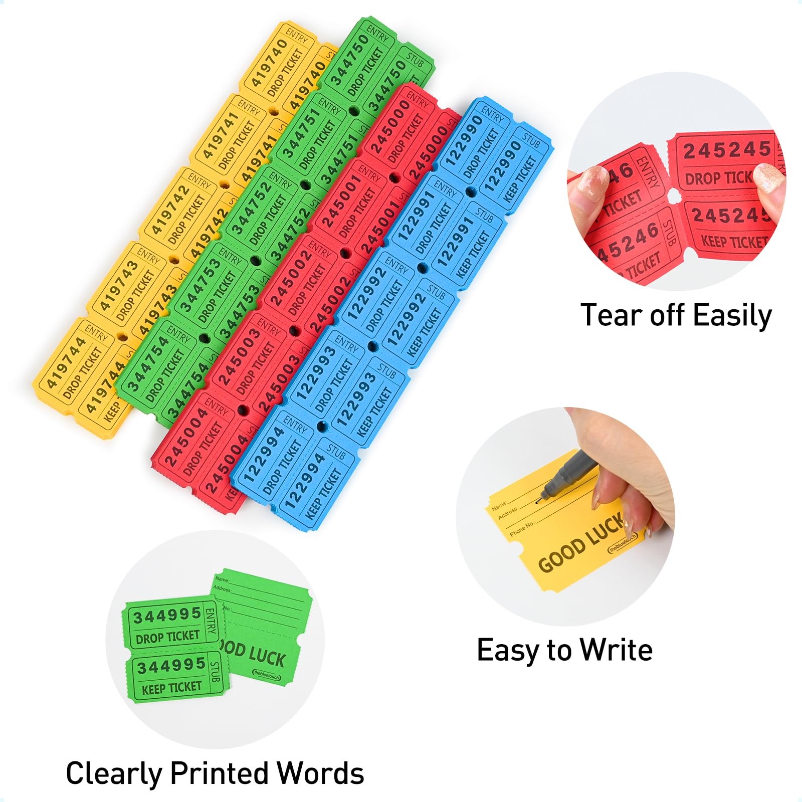 THEBLUETOUCH 2000 Pcs (1000 Pairs) 50/50 Raffle Blue, Red, Green, Yellow