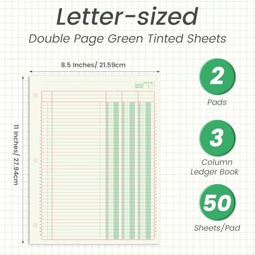 100 Sheets Columnar Analysis Pad – 3 Column Ledger Book, 8.5″x11″, Accounting &