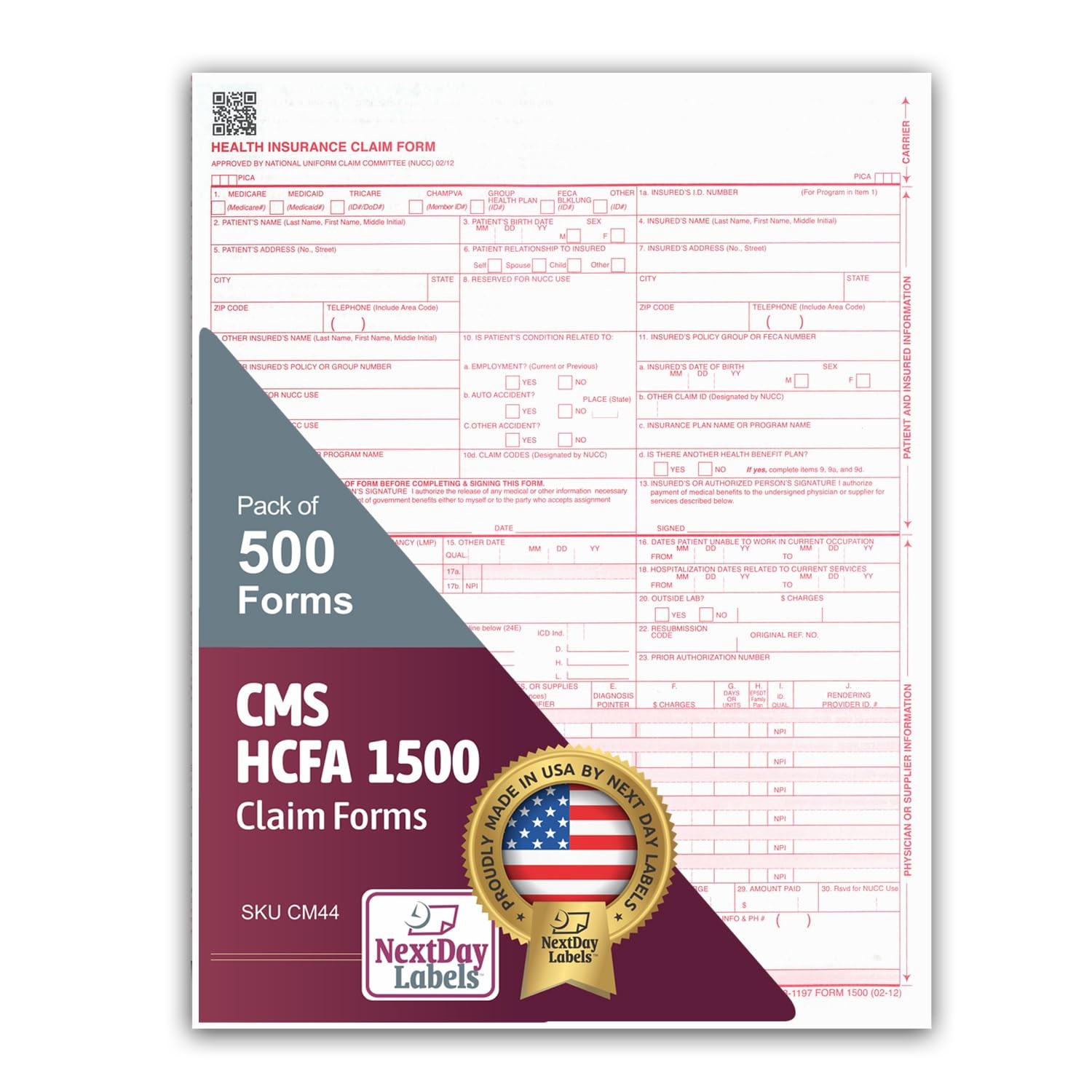NextDayLabels – CMS 1500 / HCFA 1500 Insurance Claim Forms – 500, white