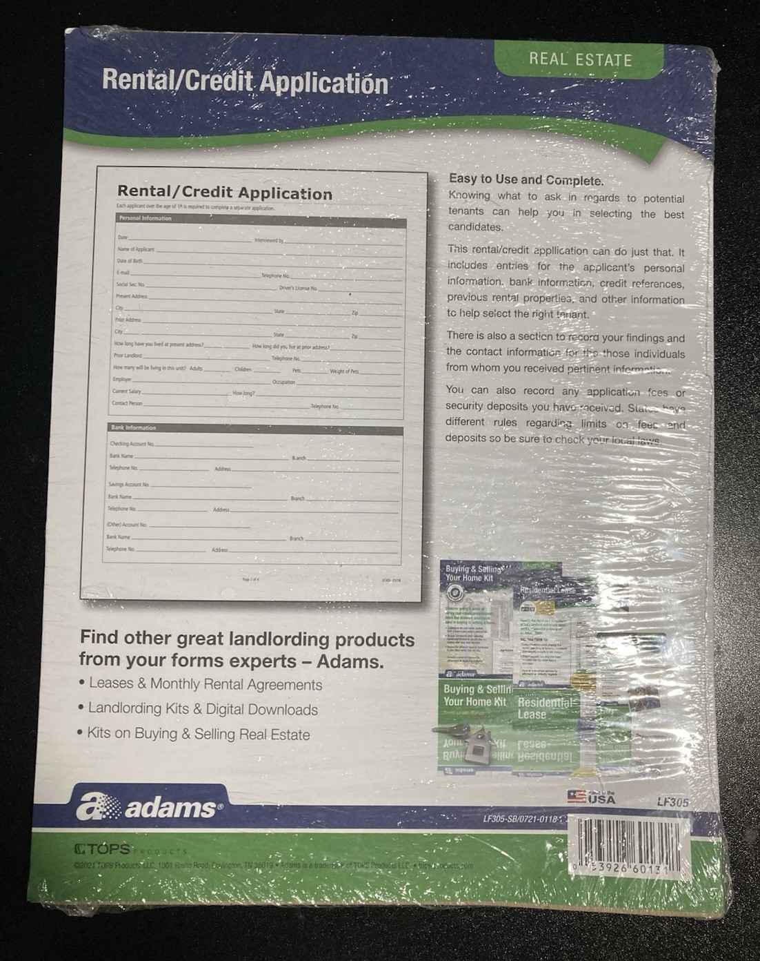 Adams Rental and Credit Application Form, 8.5 x 11 Inch, White (LF305SF) NEW