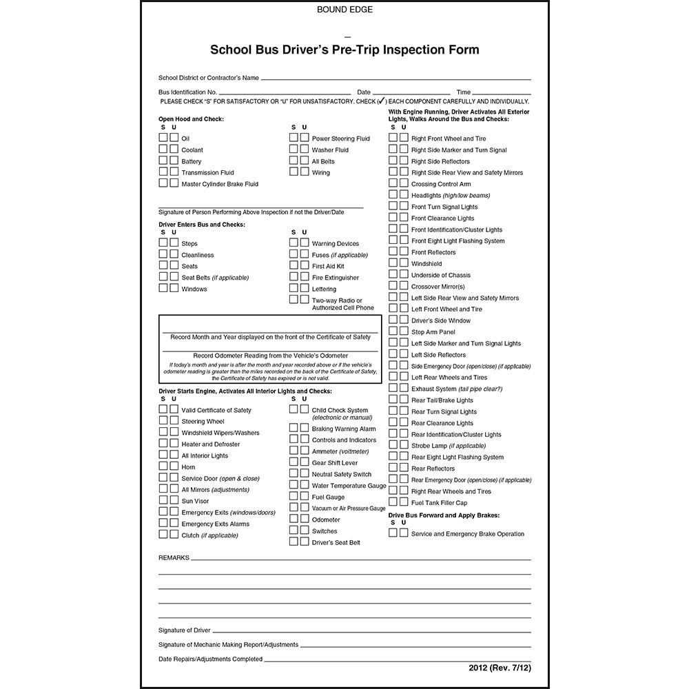 J. J. Keller School Bus Driver’s Pre-Trip Vehicle Inspection Form 10-pk., 2-Ply