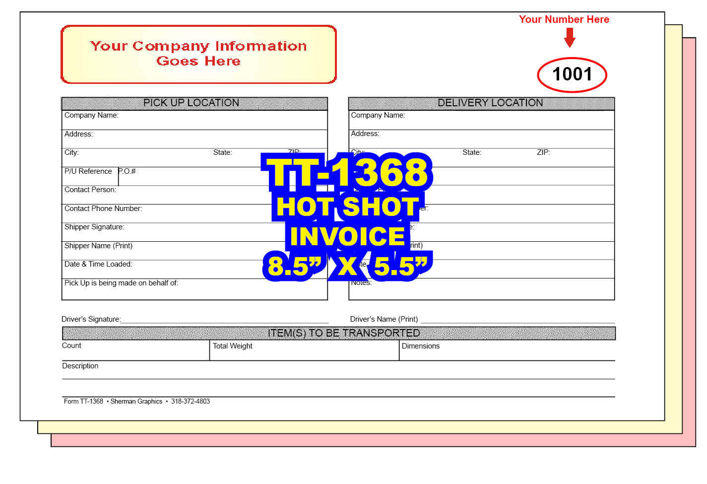 HOT SHOT DELIVERY INVOICE CUSTOM PRINTED 2 or 3 Part Carbonless