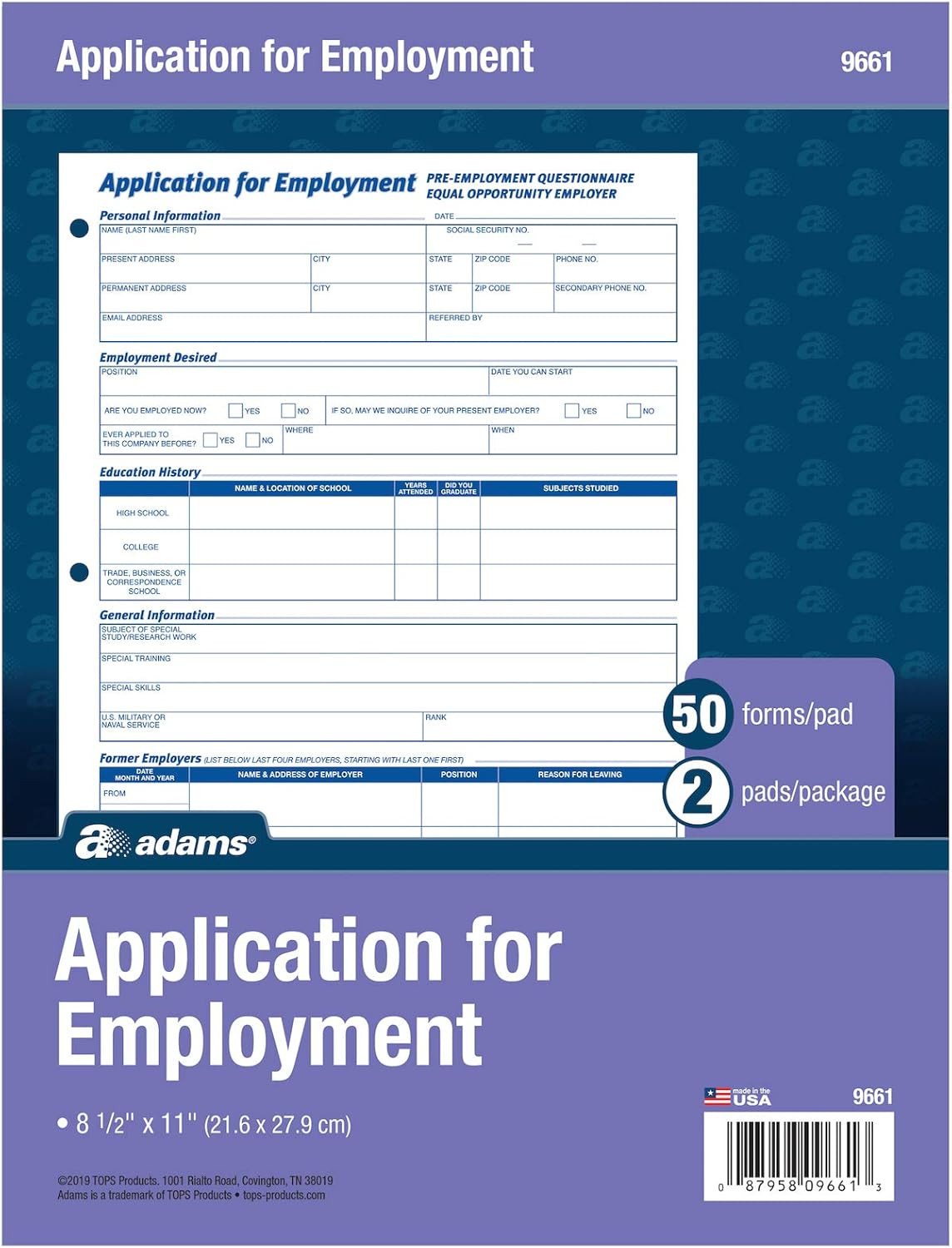 Applications for Employment, 8.5 X 11 Inch, 3-Hole Punched, 50-Sheets/Pack, 2…