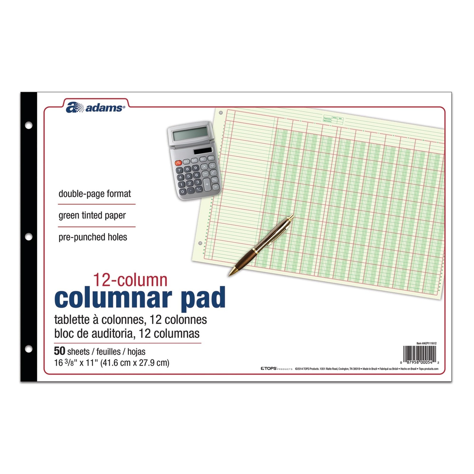 Adams® Analysis Pad, 11″ x 16 3/8″, 100 Pages (50 Sheets), 12 Columns, Green