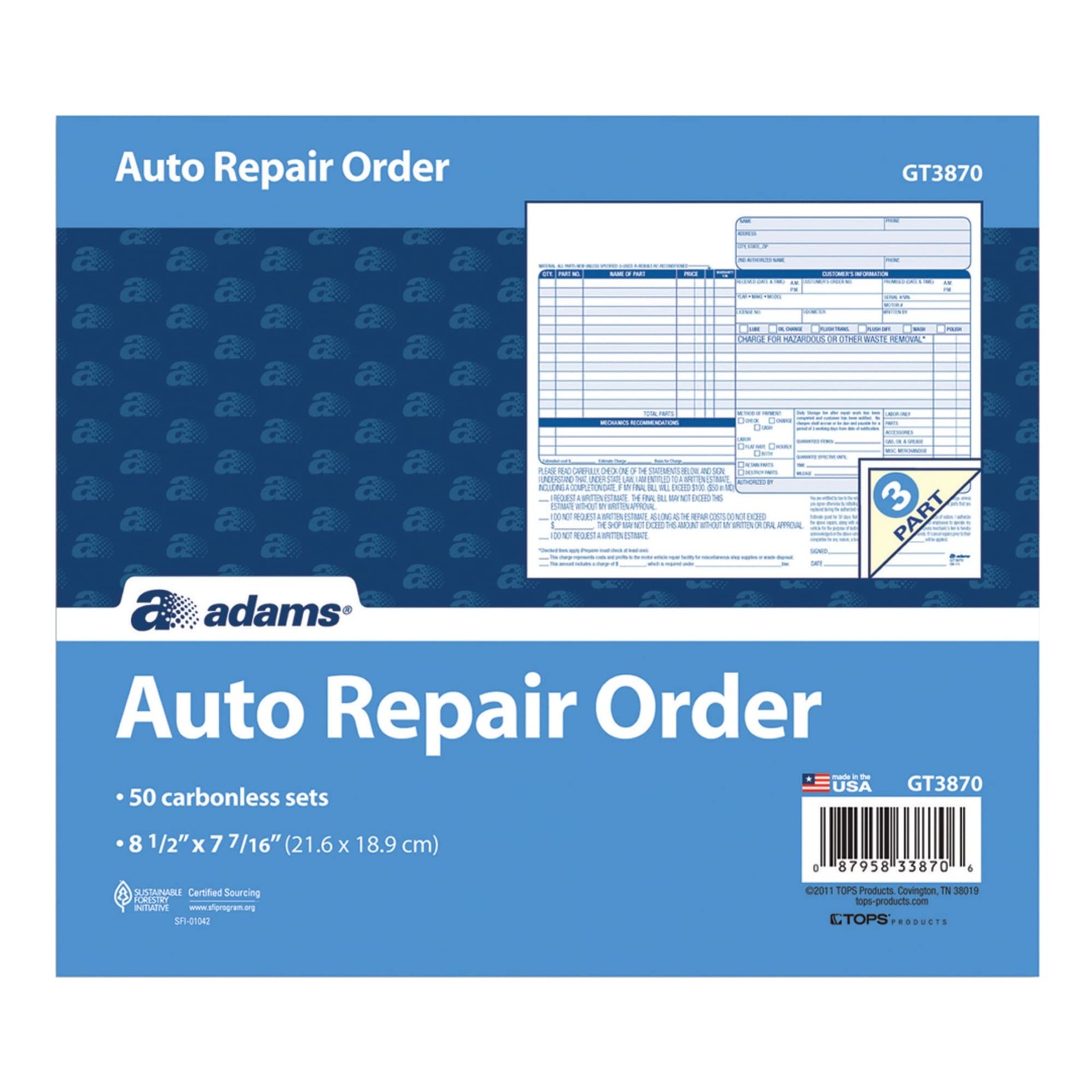 Auto Repair Order Forms, 8.5 x 7.44