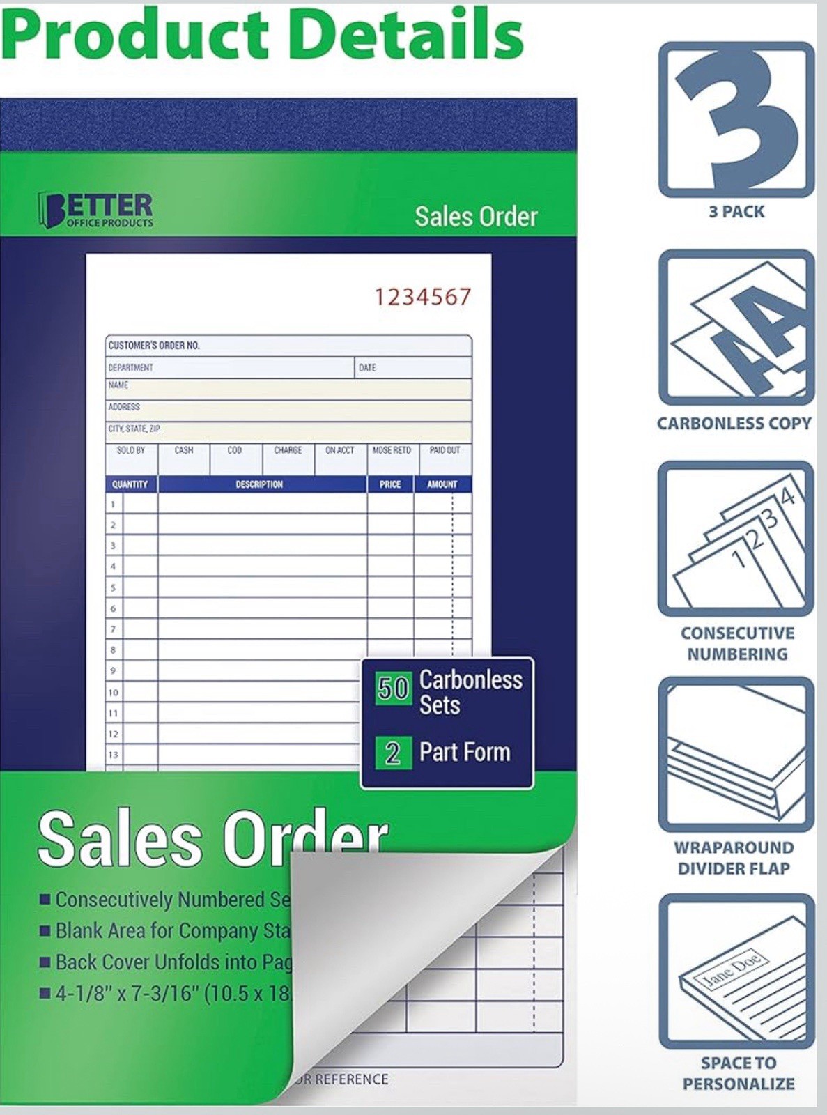 Better Office Products Large Sales Order Books, 3 Pack, 2-Part Carbonless (White