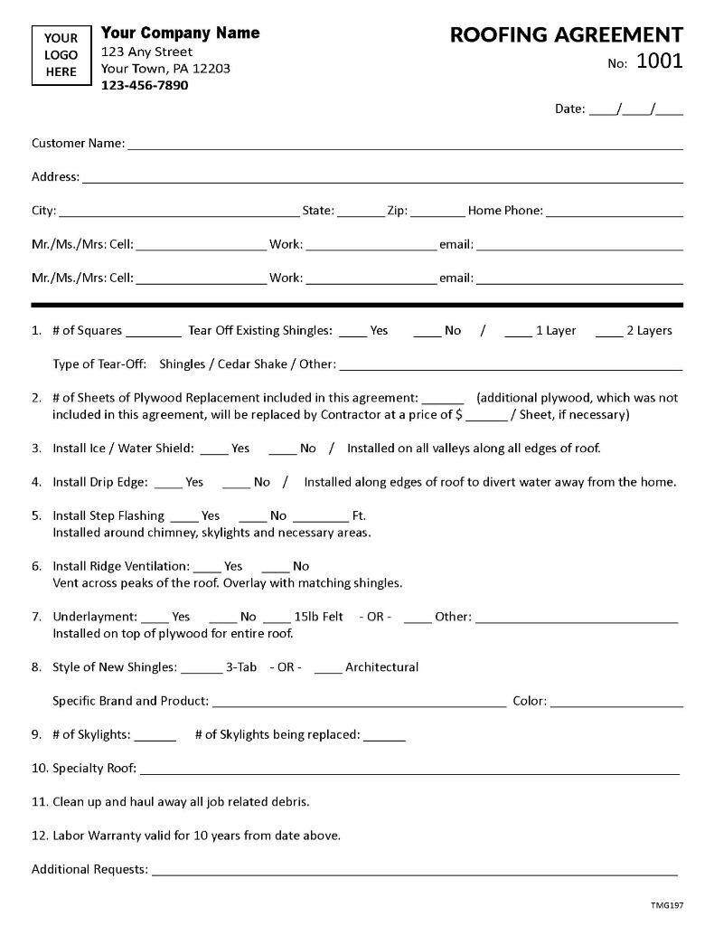Custom Roofing Agreement / 8.5 x 11 / 2 or 3 Part / TMG197