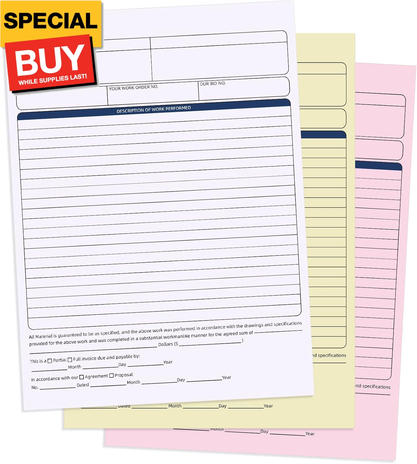2 Pcs Contractors Invoice Book Carbonless Forms Receipt 8.5 x 11 Inch Work Order