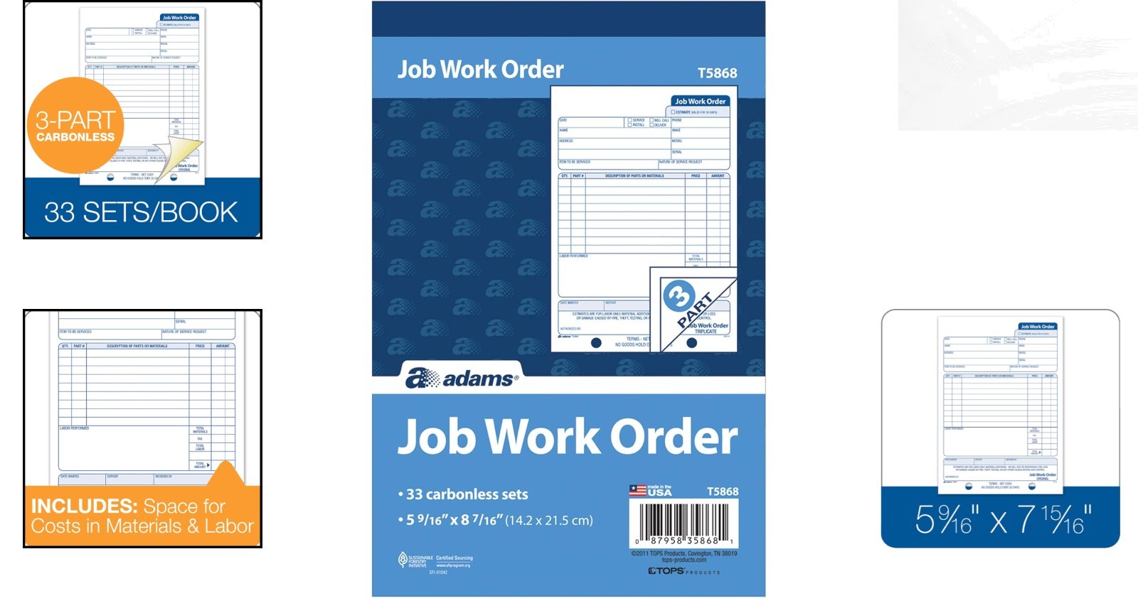 Job Work Order Book – 3-Part Carbonless Forms, 33 Sets for Efficient Repair Docs