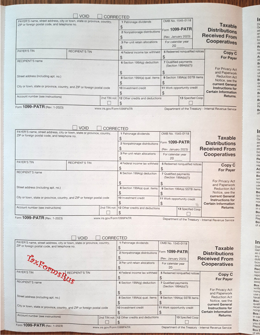 2024 IRS Tax Form 1099-PATR single sheet set 3 recipients, NONCarbonless 3pt 3UP