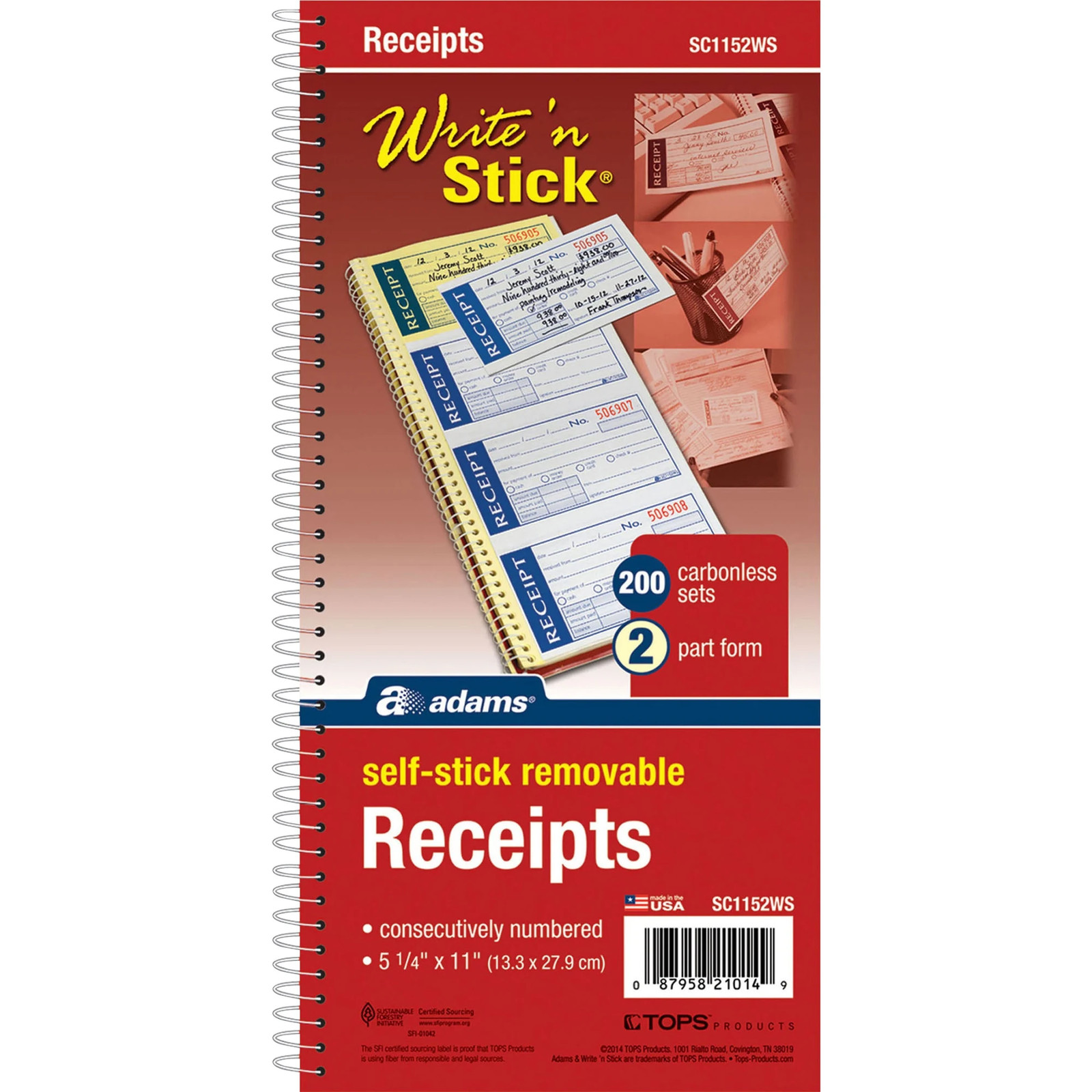 Adams Write N’ Stick Receipt Book, 5 1/4″ x 11″, 2-Part, Book Of 200 Sets