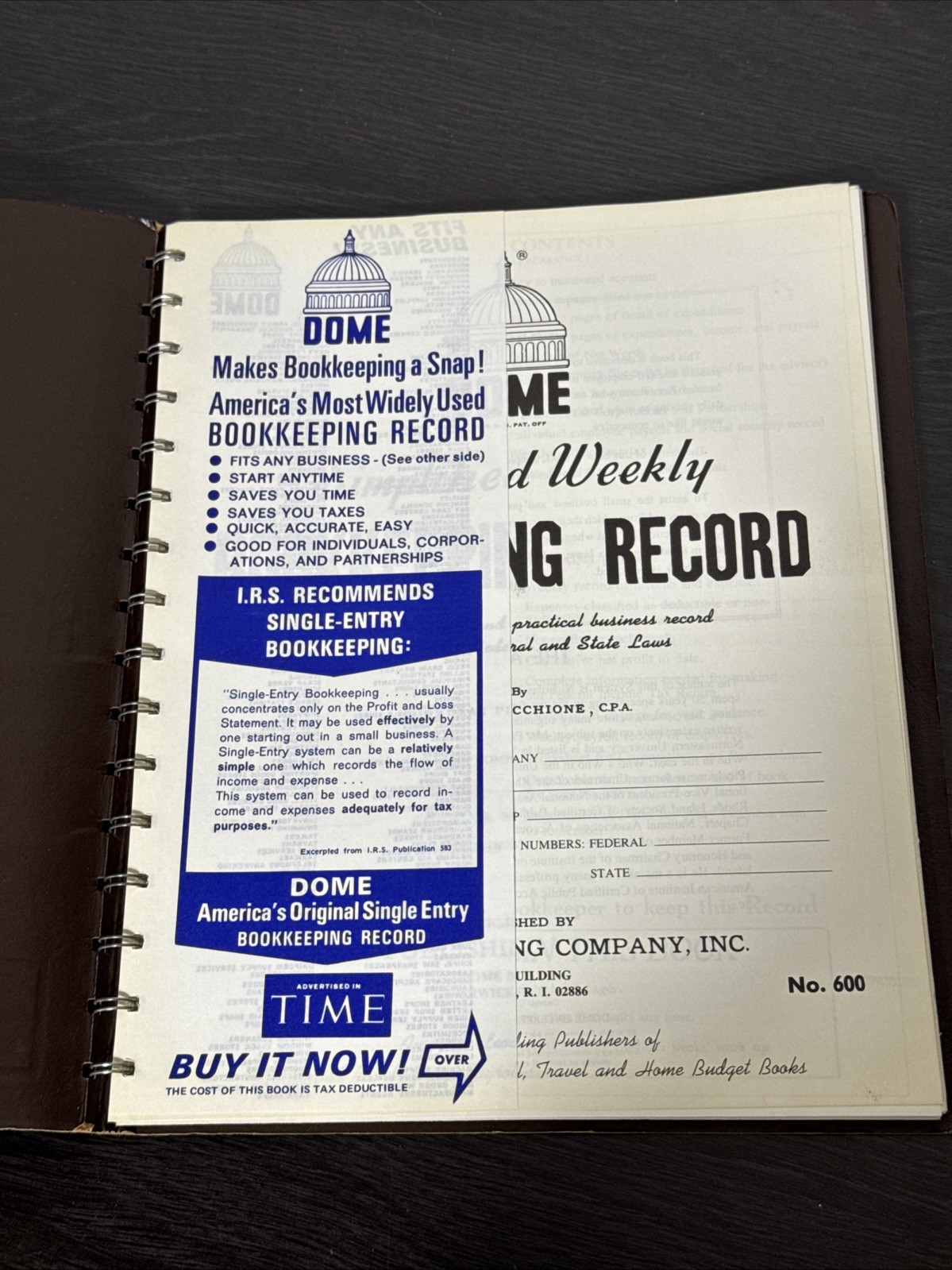 Vintage 1985 Dome Simplified Weekly Bookkeeping Record No. 600:Picchione Unused