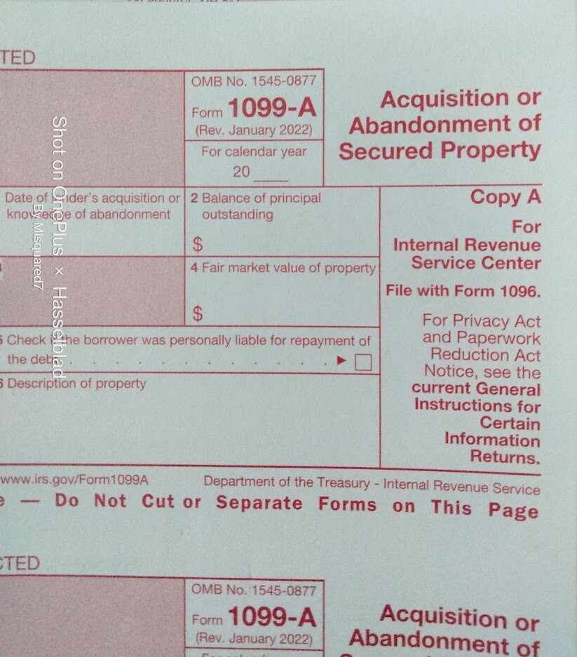 5 SHEETS 1099-A Acquisition/Abandon of Sec Prop & 1096 Transmittal Forms