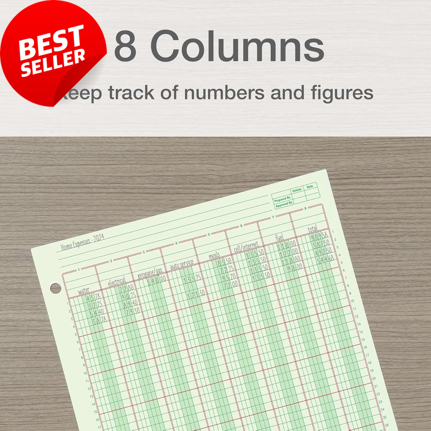 Columnar Analysis Pad 8 Column Ledger 8.5″ X 11″ 100 Pages Green 3 Hole Punch