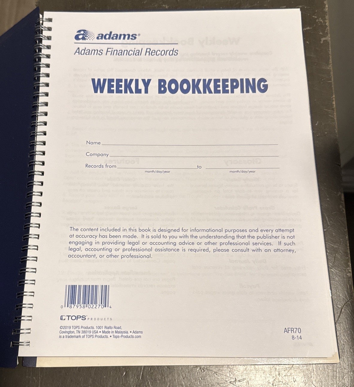 Adams Weekly Bookkeeping Record Book 8.5 x 11 Inches,(AFR70).