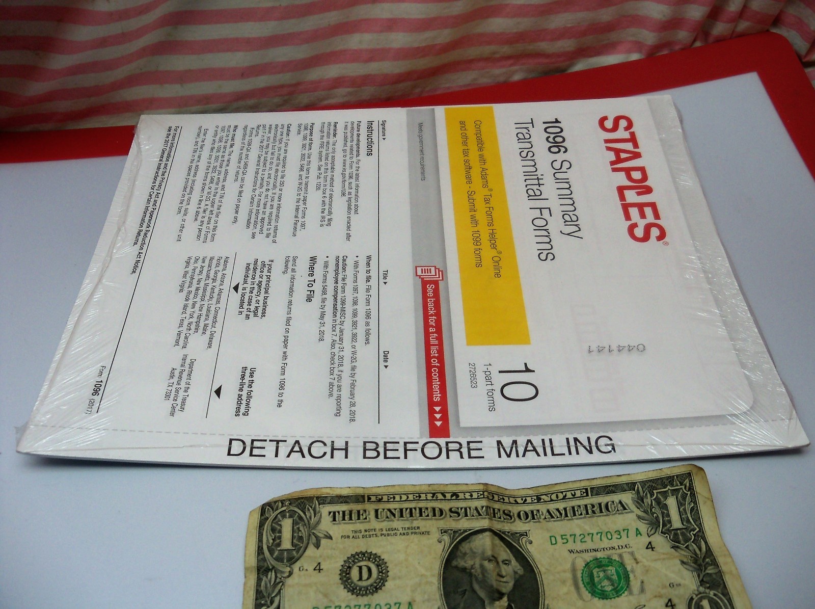 2017 Staples 1096 Summary Transmittal Forms 10 1-part Forms per Package USA NEW