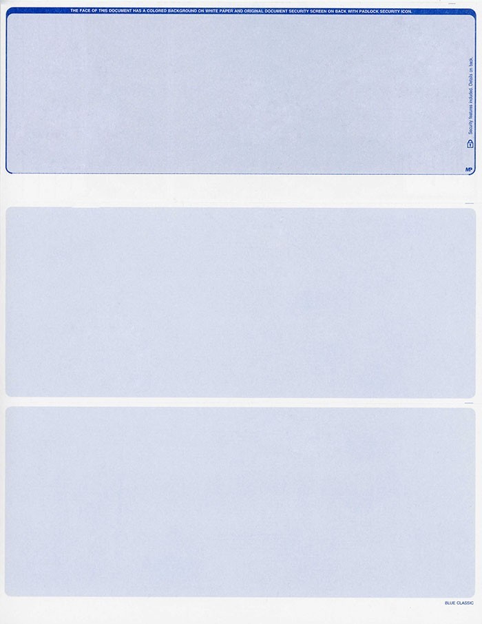 500 Blank Security Check Paper Stock – Checks on Top (Classic Blue)