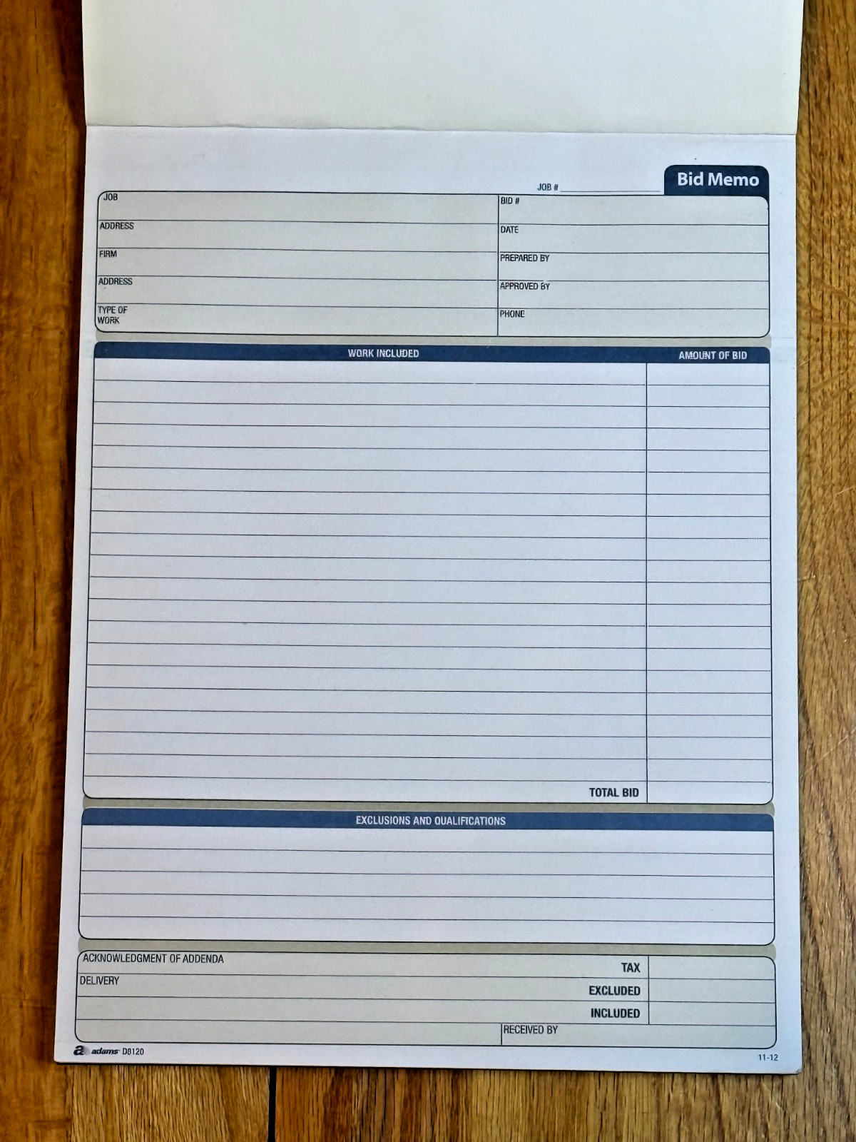 Adams Bid Memo Book, 2-Part, Contains Carbon, 8 3/8 x 11 7/16 Inches D8120