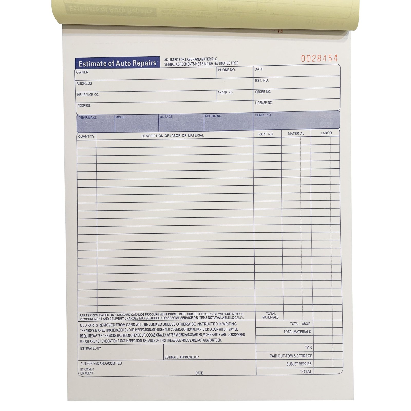 Auto Repair Estimate Book – 10 Pack Carbonless 2-Part Forms, 8.5 x 11 Inches