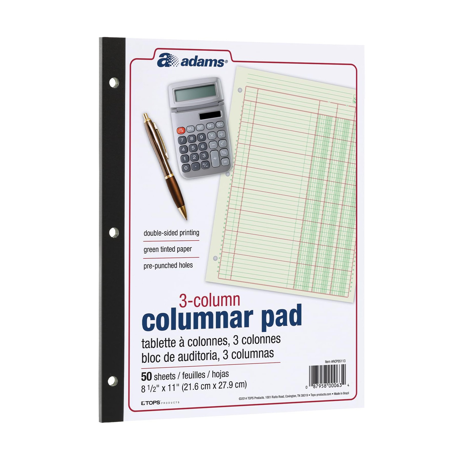 Adams Columnar Analysis Pad, 3 Column, 8 1/2 X 11, Single Page Format, Green