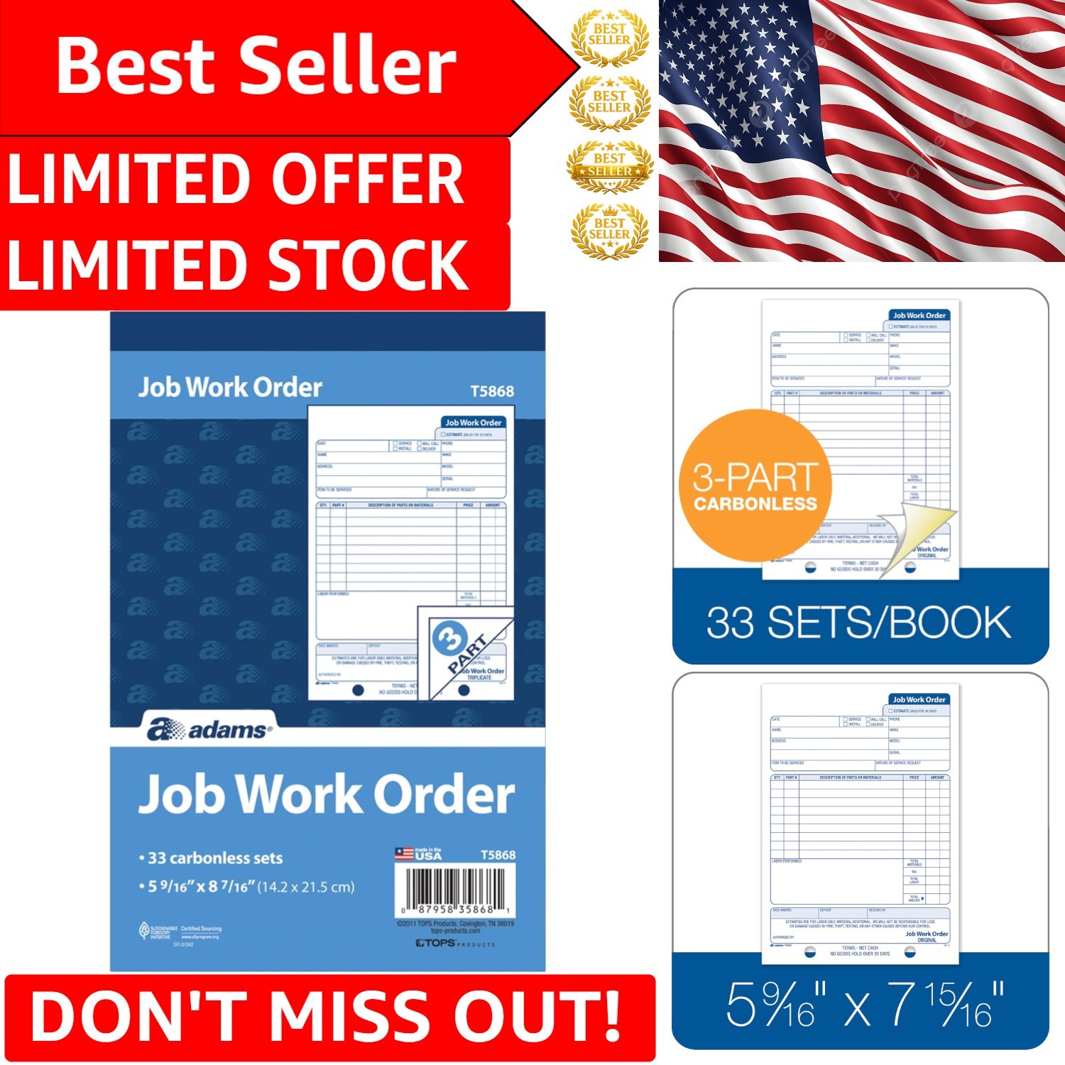 Job Work Order Book – 3-Part Carbonless Forms, 33 Sets for Efficient Repair Docs