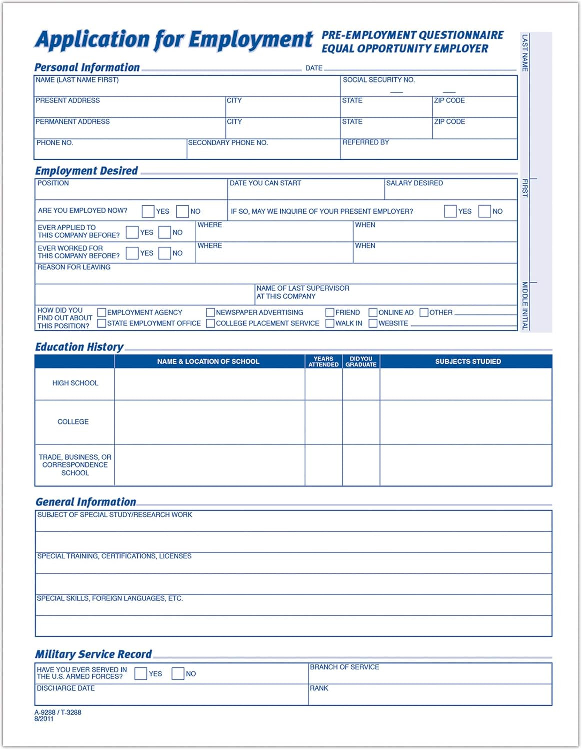 Applications for Employment, 8.5 X 11 Inch, 25-Pack, White (9288ABF)