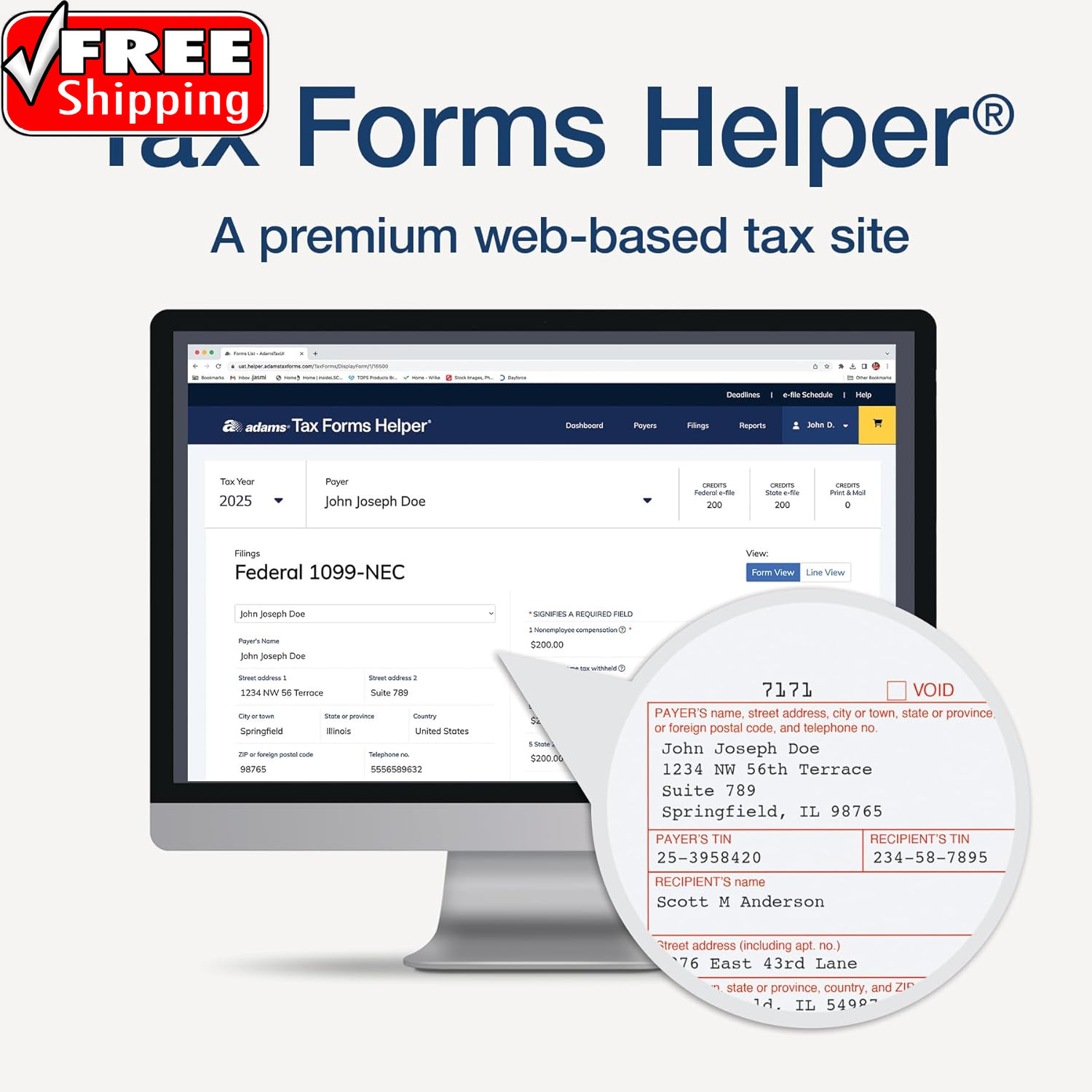 1099 NEC Forms 2025, 4-Part Kit for 50 Recipients, Includes 6 1096 Forms, Quickb