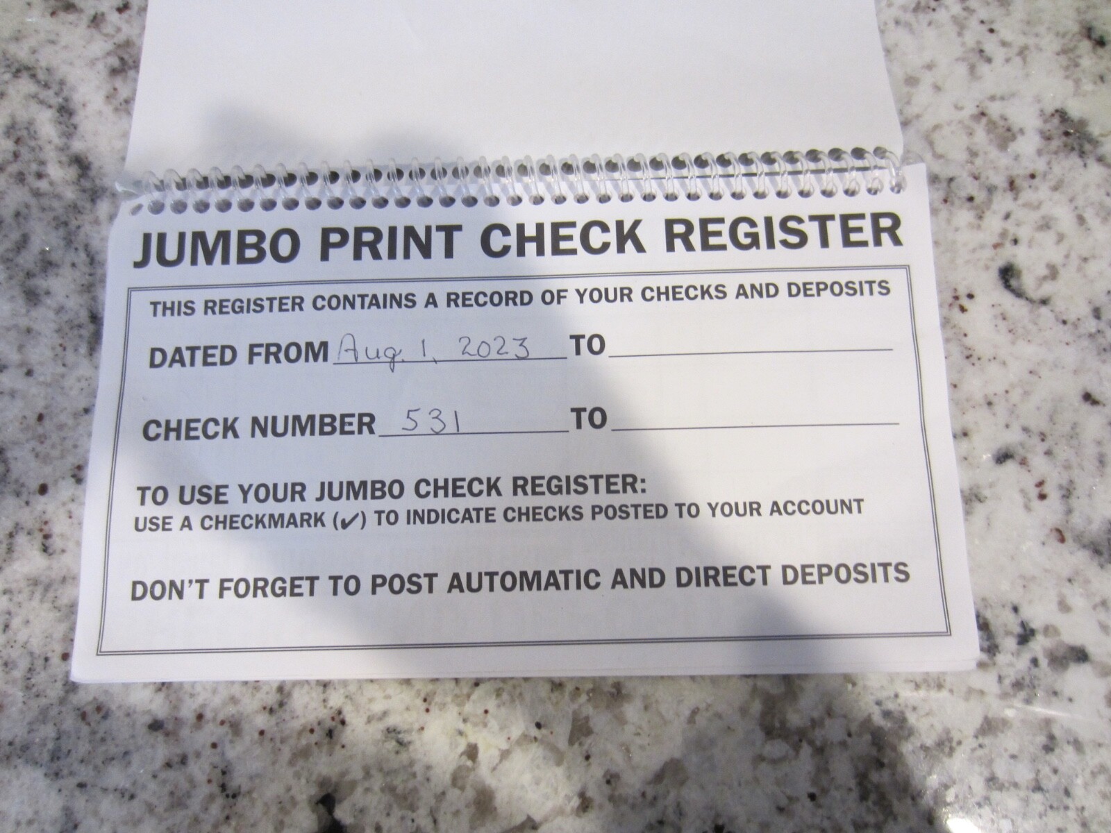 Jumbo Print Check Registry-Spiral Bound- NIB (4BK)