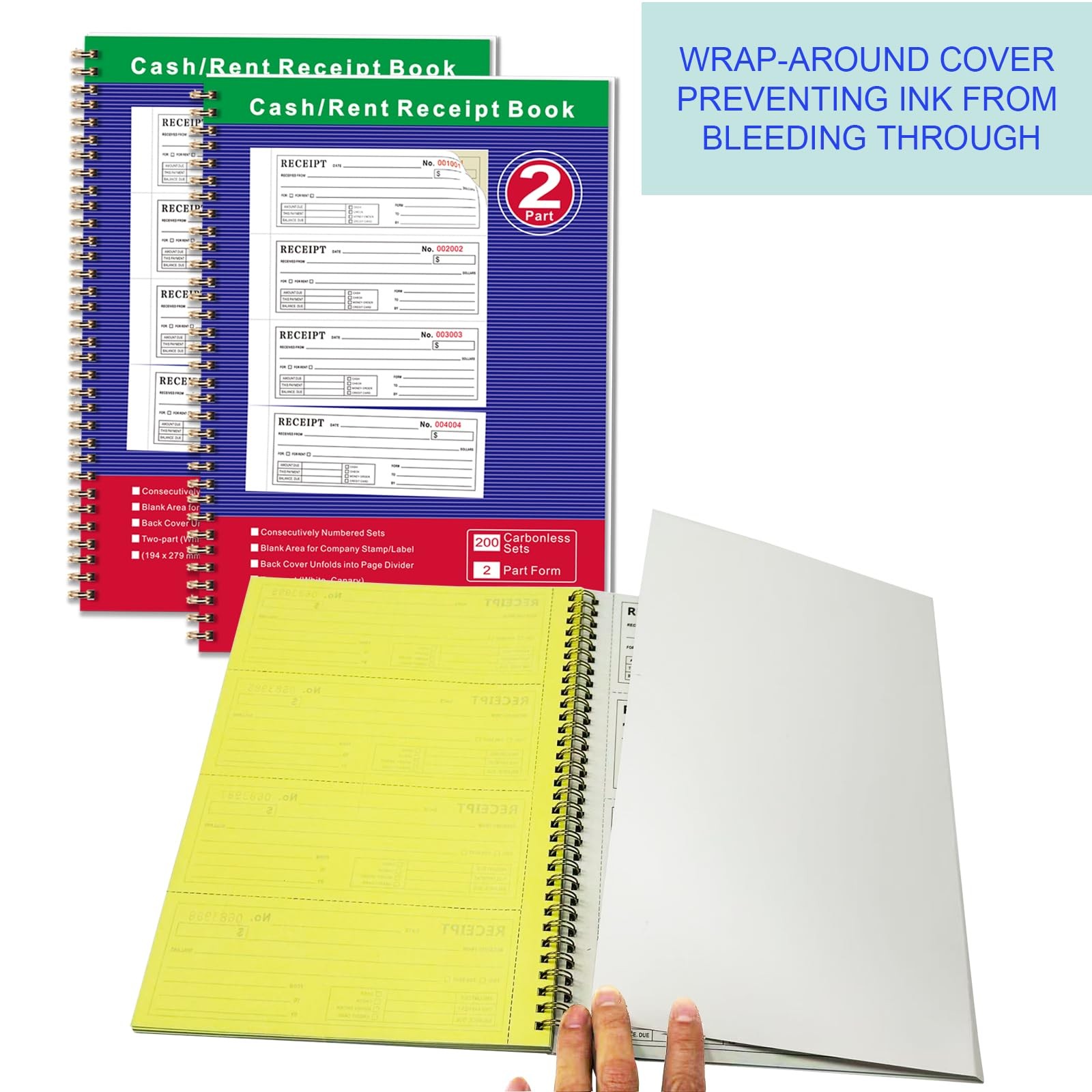 4 Pack 2Part Carbonless Money Rent Receipt Book 75/8×11 In 200 Sets