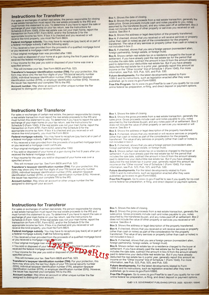 Official IRS Tax Form 1099-S single sheet set for 3 transferors, NON-carbonless