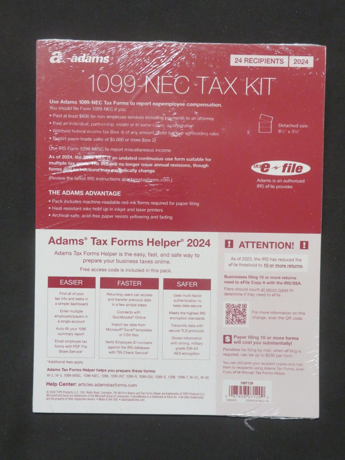 2024 Adams 1099-NEC Tax Kit 24 4-Part Sets 3 1096 Summary Forms 5 Free e-Files