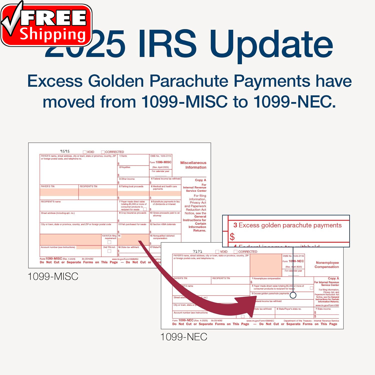1099 NEC Forms 2025, 4-Part Kit for 50 Recipients, Includes 6 1096 Forms, Quickb