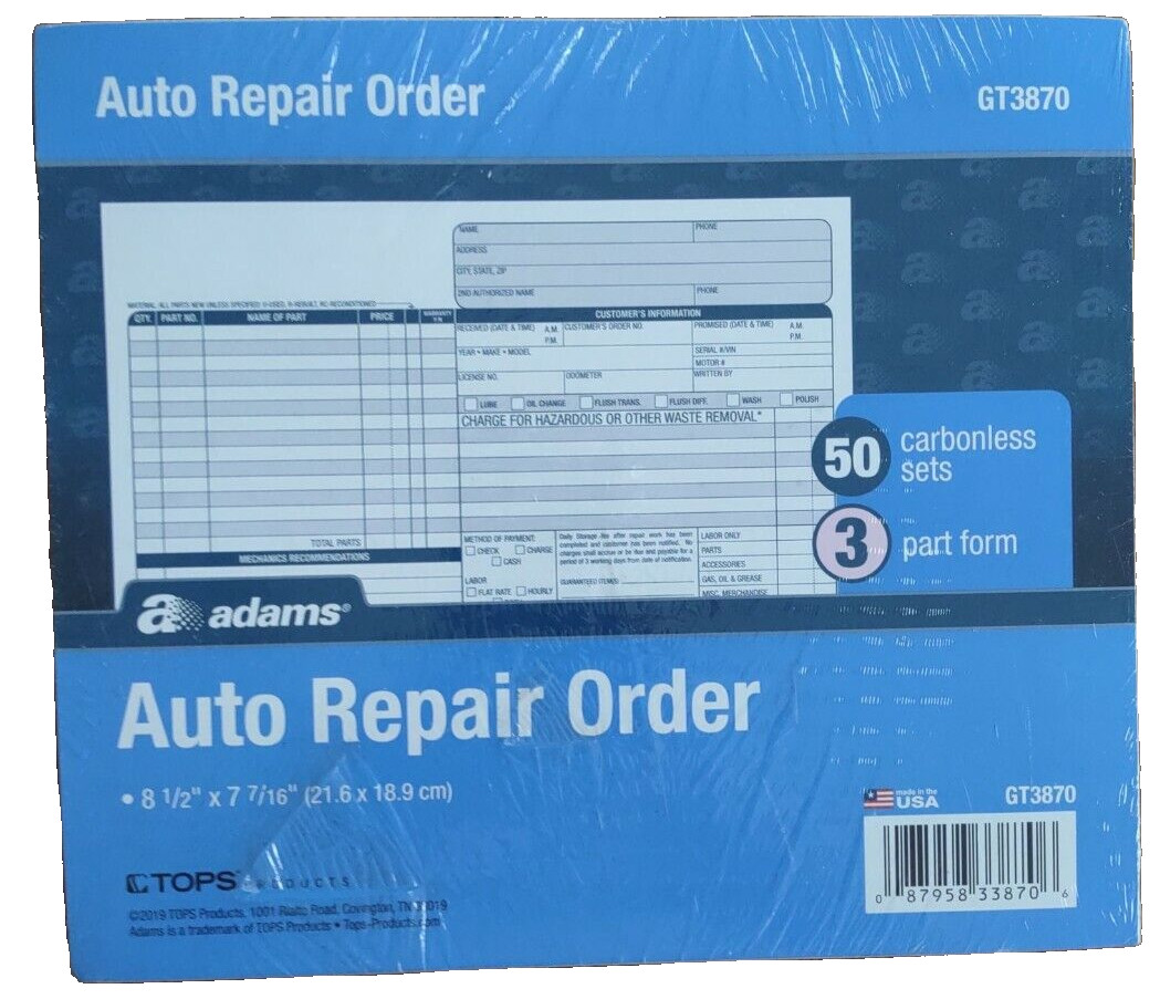 Adams GT3870 Auto Repair Order Book-Brand New-SHIPS N 24 HOURS
