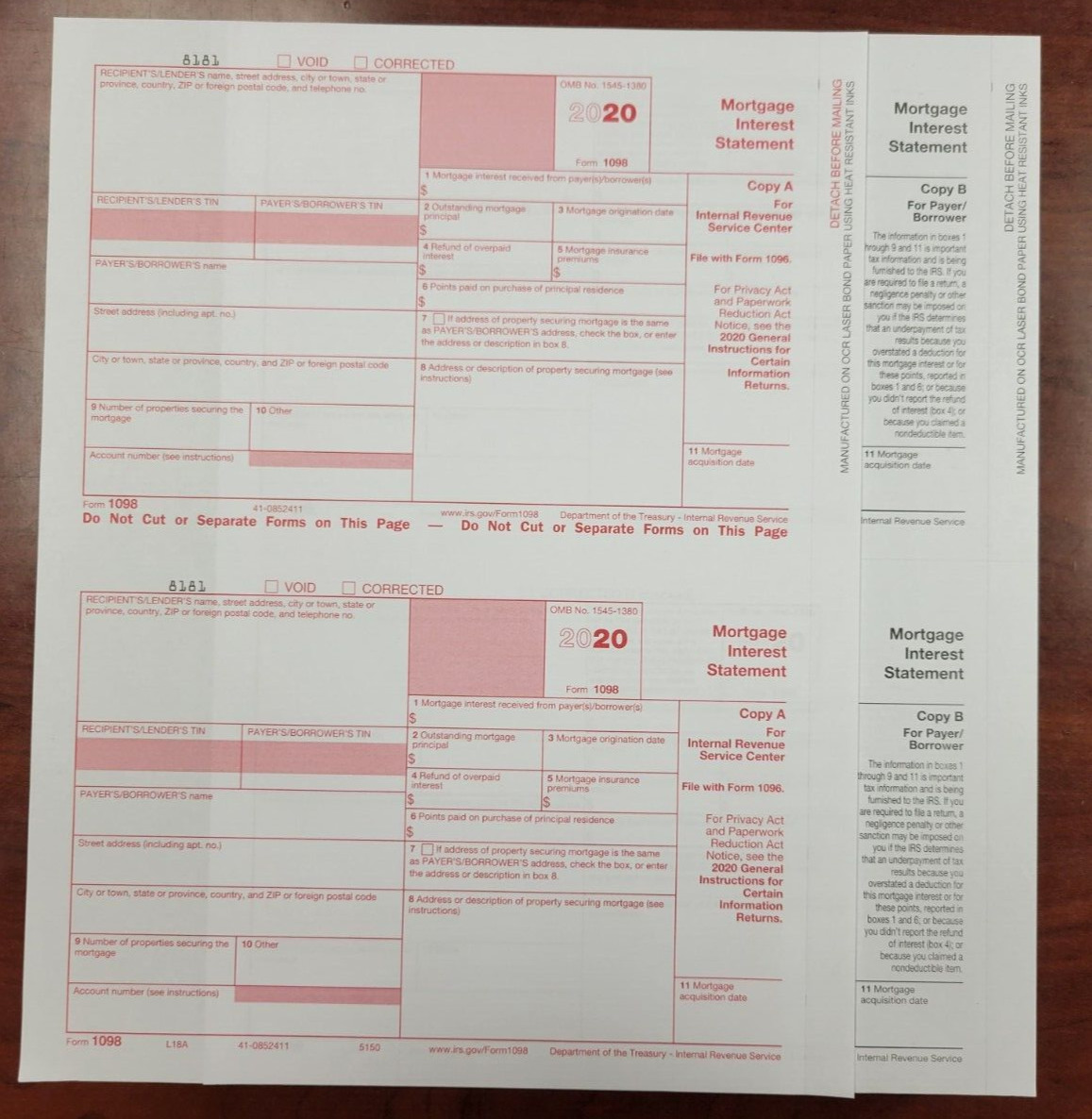 2020 Tax Form 1098 Mortgage Interest 10 Recipients COPY A & Copy B – No Envelope