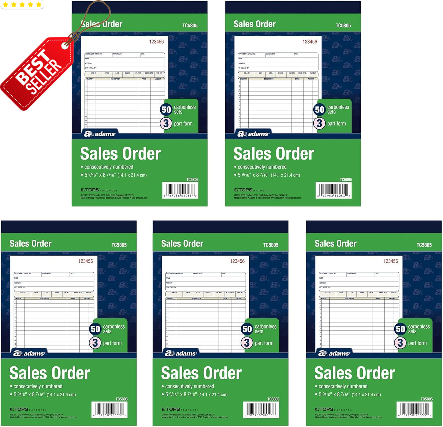 Sales Order Book 3 Part Carbonless 5×8.4in 50 Sets 5 Books 250 Total TC5805 US