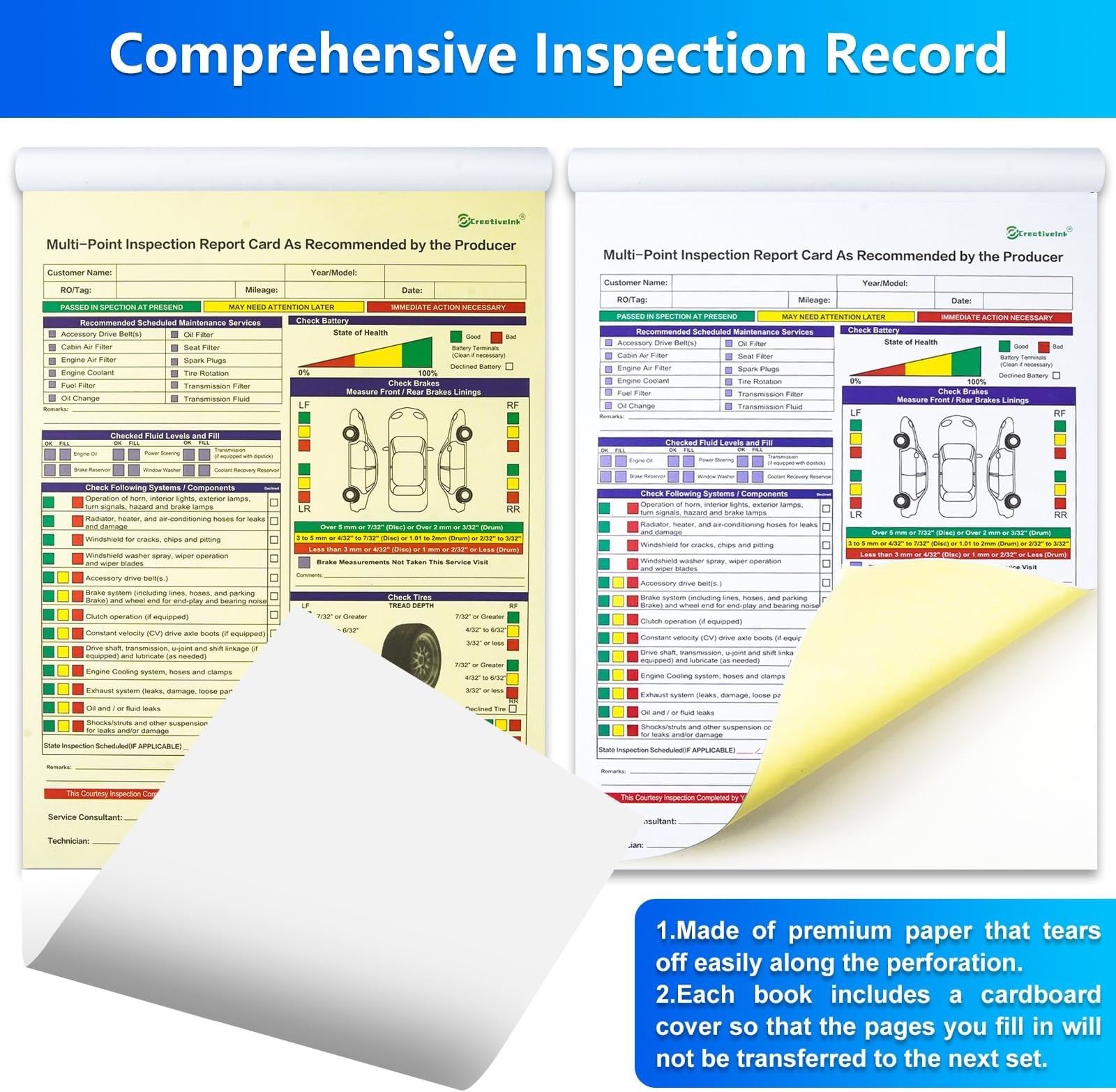 200 Sets Multi-Point Automotive/Vehicle Inspection Report Forms 2-ply Carbonl…