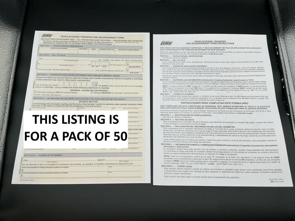 (50) CA Vehicle REG 262 FORMS California Bill Of Sale BOS Transfer Reassignment