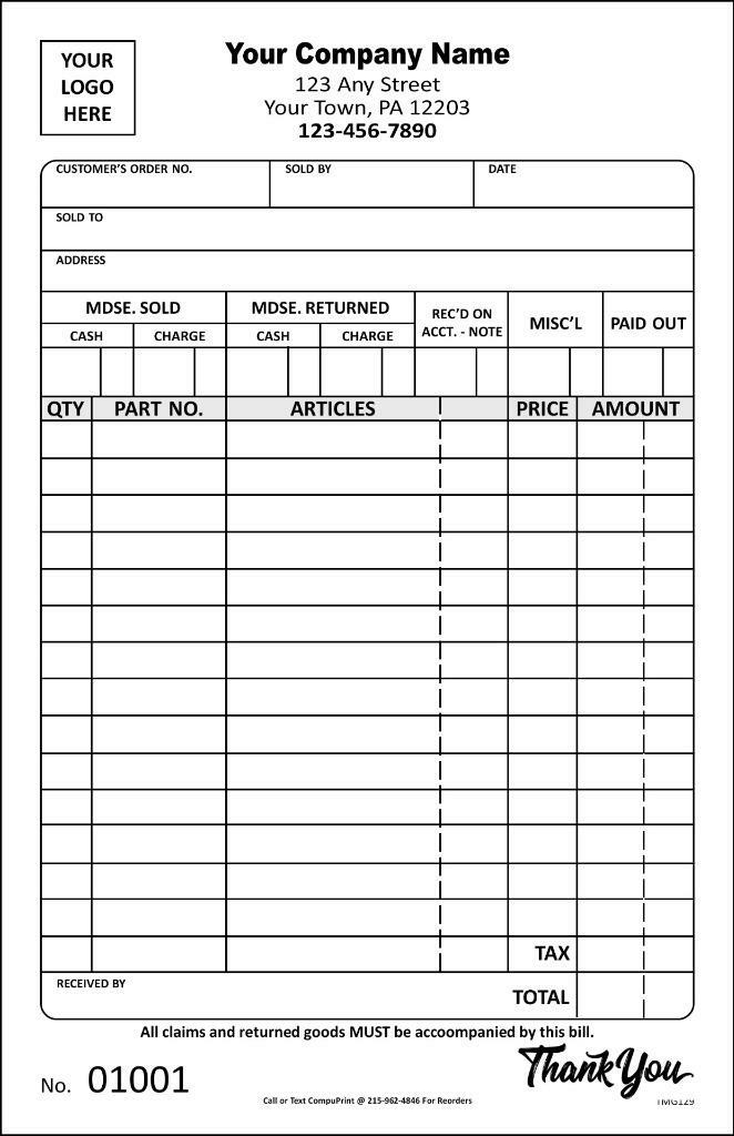 Custom Auto Parts Invoice Forms / 2 Part Carbonless / 5.5″ x 8.5″ / TMG129