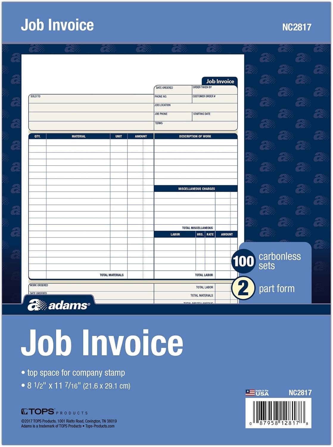 Job Invoice Forms, 2-Part Carbonless, For Service and Repair Billing, 100 Ind…