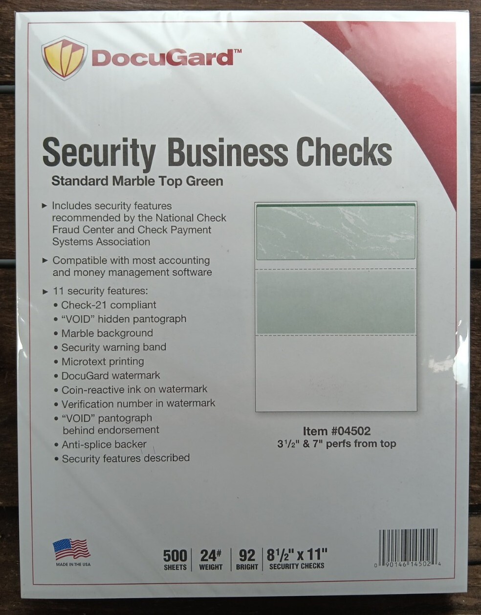 Docugard 04502 Security Business Checks Marble Top Green 500 Sheets