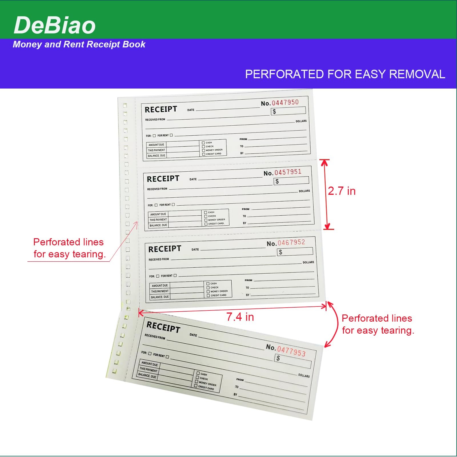 4 Pack 2Part Carbonless Money Rent Receipt Book 75/8×11 In 200 Sets