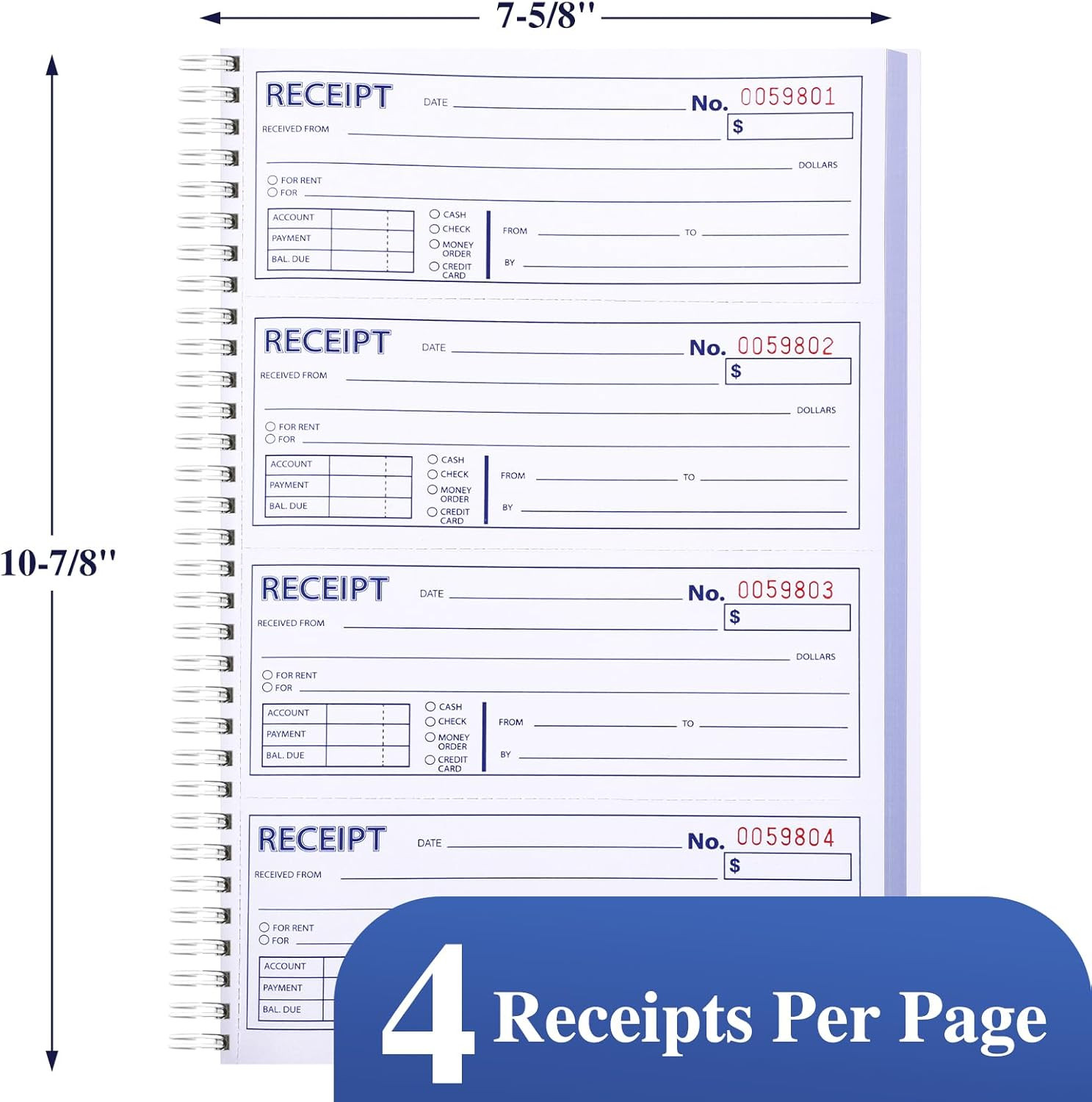 Receipt Books with Carbon Copies, Rent Receipt Book, 2-Part Carbonless, 7-5/8″ X