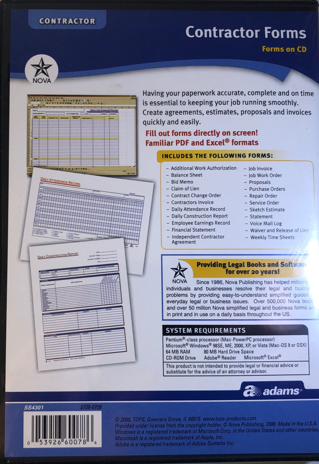 SHIP24H-Adams SS4301 Contractor Forms on CD Windows & Macintosh PDF & Excel-NEW