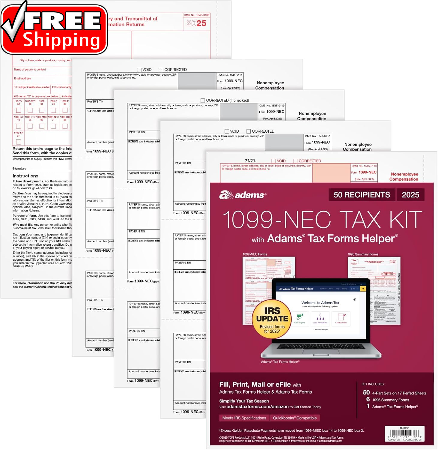1099 NEC Forms 2025, 4-Part Kit for 50 Recipients, Includes 6 1096 Forms, Quickb