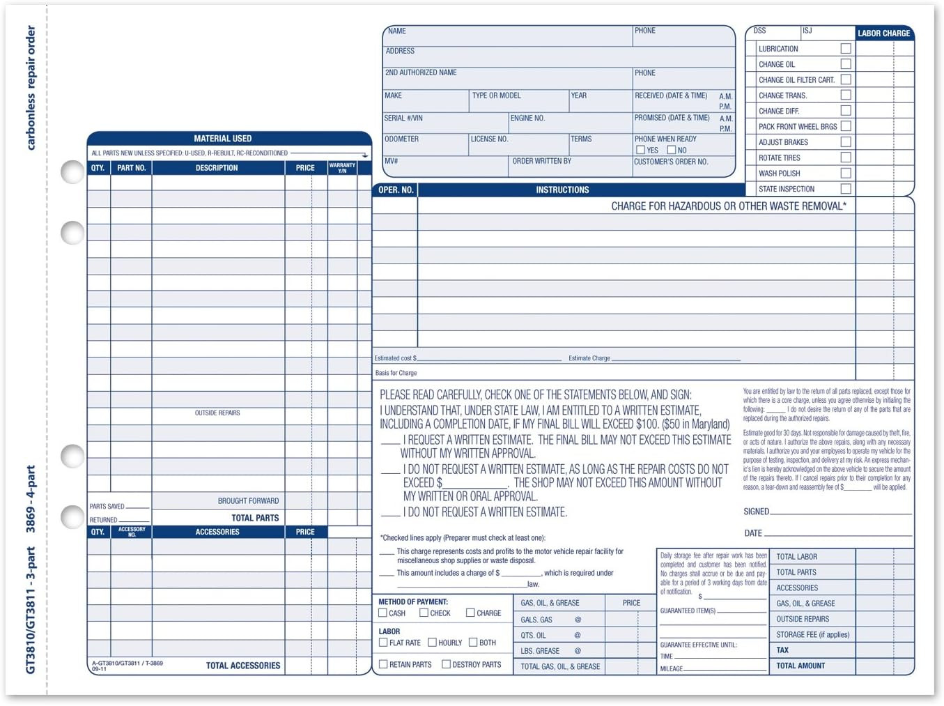 Adams Garage Repair Order Forms, 8.5 X 11 Inch, 3 Parts, 250-Count, White and Ca